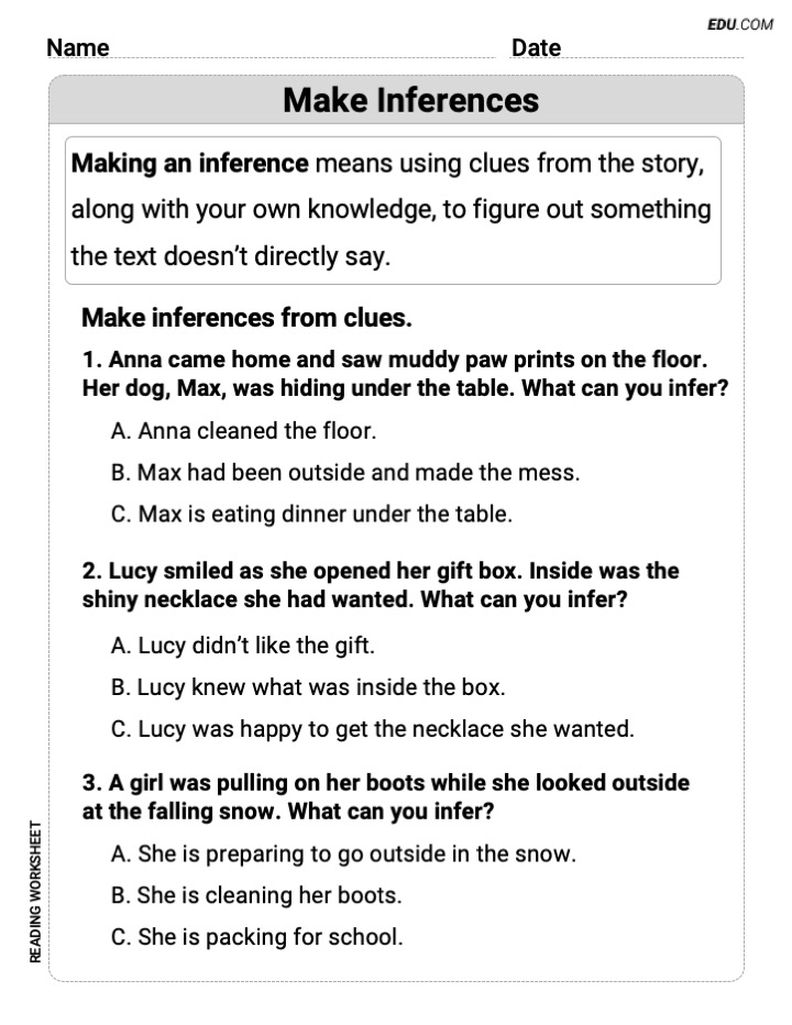 Make Inference – Printable Reading Worksheets for Grade 3 | EDU.COM